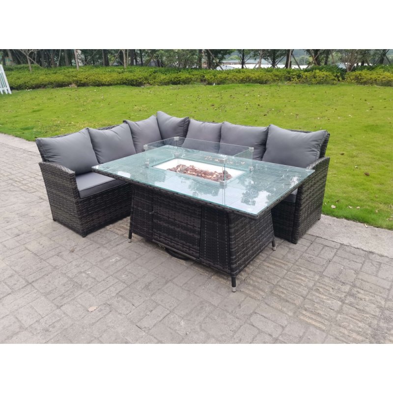 Fimous High Back Corner Rattan Garden Furniture Sofa Gas Fire Pit Dining Table Gas Heater Sets 6 Seater