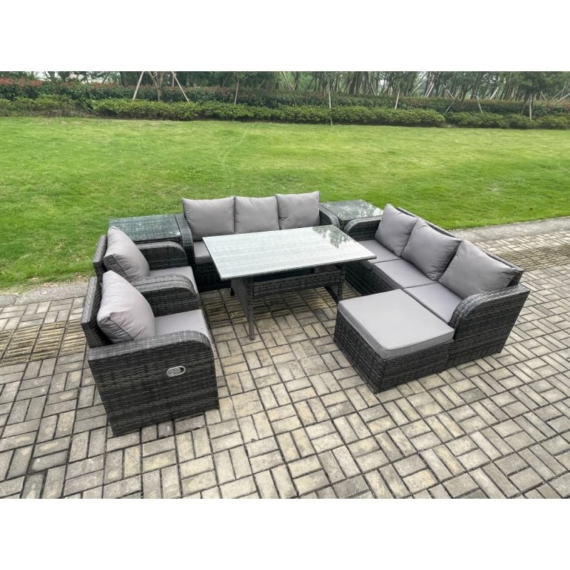Fimous Outdoor Garden Patio Furniture Wicker Rattan Oblong Rectangular Dining Table and Lounge Sofa set with 2 Side Table Big Footstool Dark Grey Mixed
