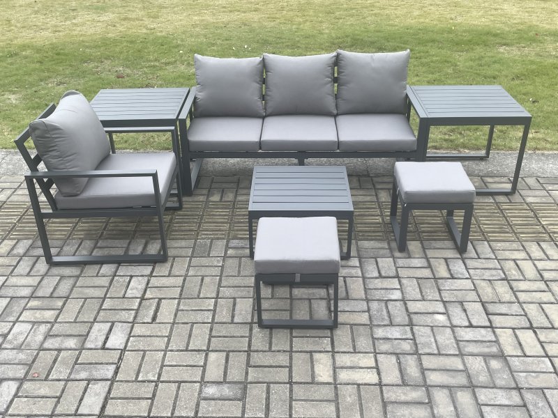 Fimous Aluminium Outdoor Garden Furniture Set Patio Lounge Sofa Chair Set with Square Coffee Table 2 Side Tables 2 Small Footstools Conservatory Set Dark Grey