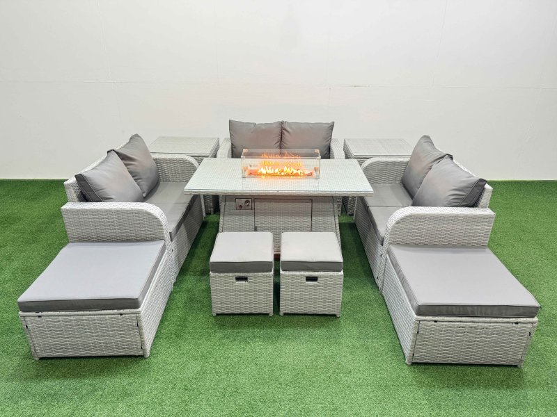 Fimous PE Rattan Lounge Sofa Set 10 Seater Outdoor Garden Furniture Set with Gas Firepit Table Love Sofa 2 Big Footstools 2 Side Tables Light Grey
