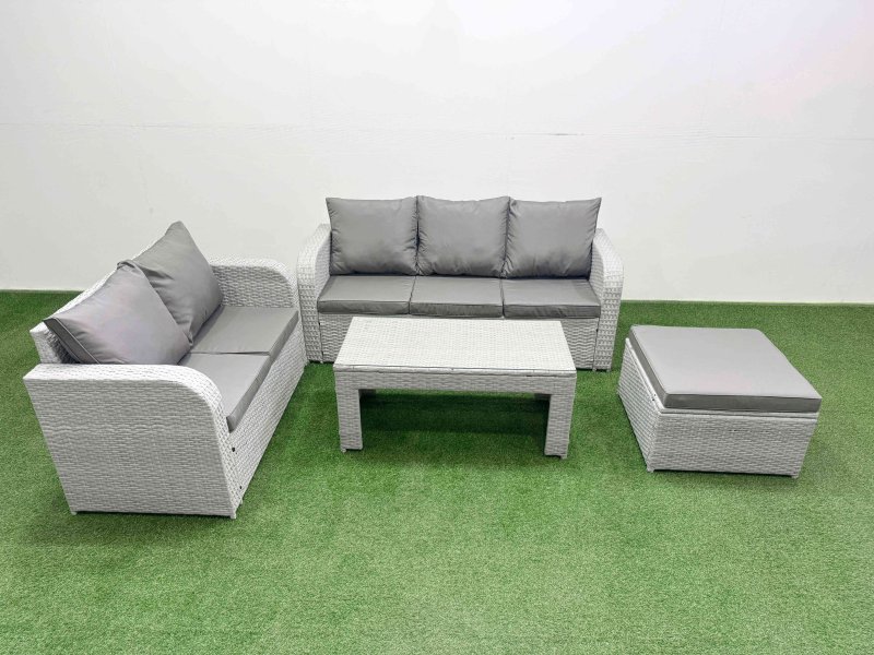 Fimous 6 Seater PE Rattan Wicker Garden Furniture Patio Conservatory Sofa Set with Oblong Coffee Table 3 Seater Sofa Love Sofa Big Footstool