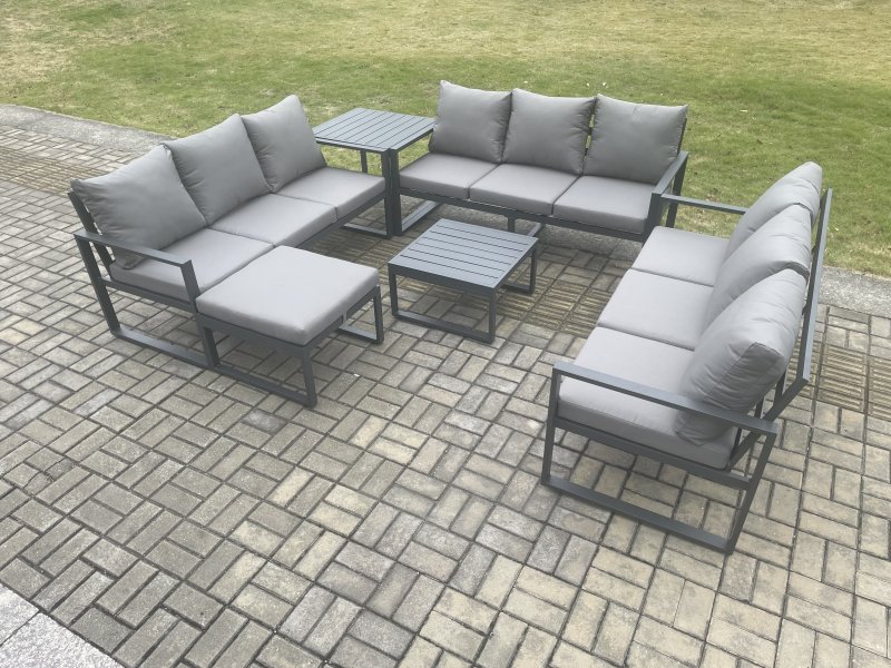 Fimous Aluminium 10 Seater Outdoor Garden Furniture Set Patio Lounge Sofa with Square Coffee Table Side Table Big Footstool Conservatory Set Dark Grey