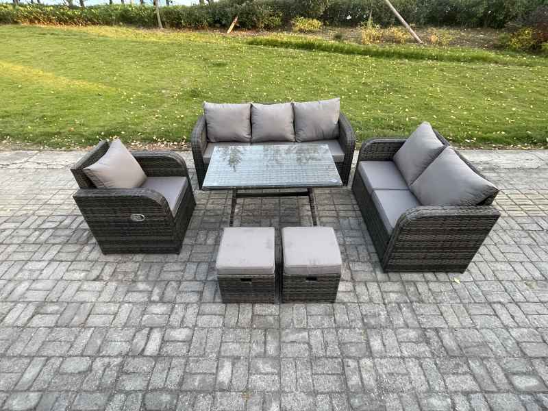 Fimous 8 Seater Outdoor Rattan Garden Furniture Set Patio Lounge Sofa Set with Dining Table 2 Small Footstools Dark Grey Mixed