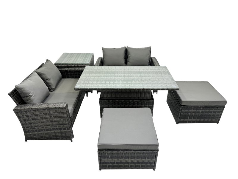 Fimous Outdoor Love Sofa Set 6 Seat Rattan Garden Furniture Set with Adjustable Lifting Dining or Coffee Table 2 Big Stools Dark Grey Mixed