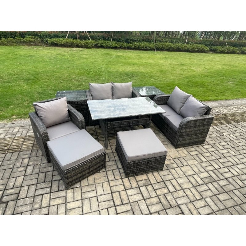 Fimous 7 Seater Lounge Rattan Sofa Set Outdoor Garden Furniture Oblong Rectangular Dining Table With Chairs 2 Big Footstool 2 Side Tables Dark Grey Mixed