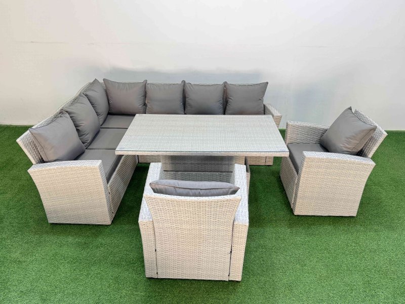 Fimous 8 Seat Rattan Outdoor Garden Furniture Corner Sofa Set Adjustable Lifting Dining or Coffee Table Set with 2 Armchairs Light Grey