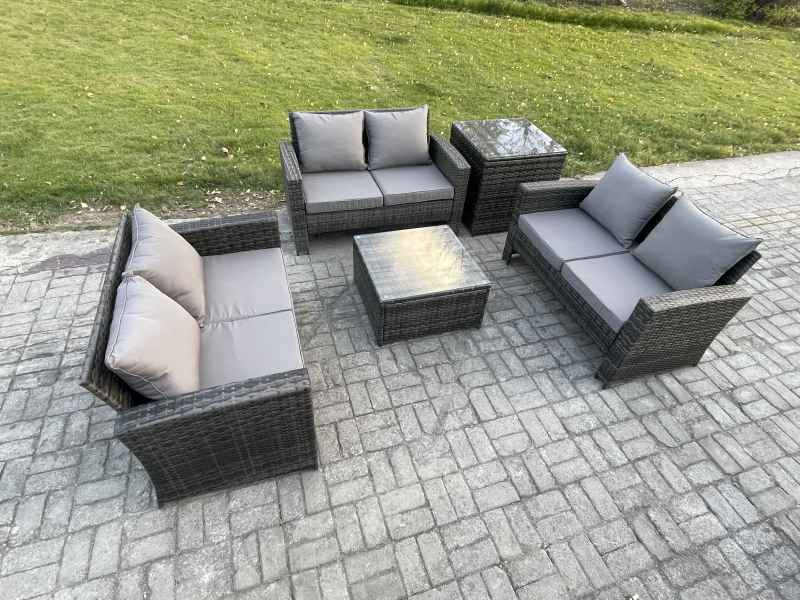Fimous 6 Seater Rattan Wicker Garden Furniture Patio Conservatory Sofa Set with Square Coffee Table Double Seat Sofa Side Table