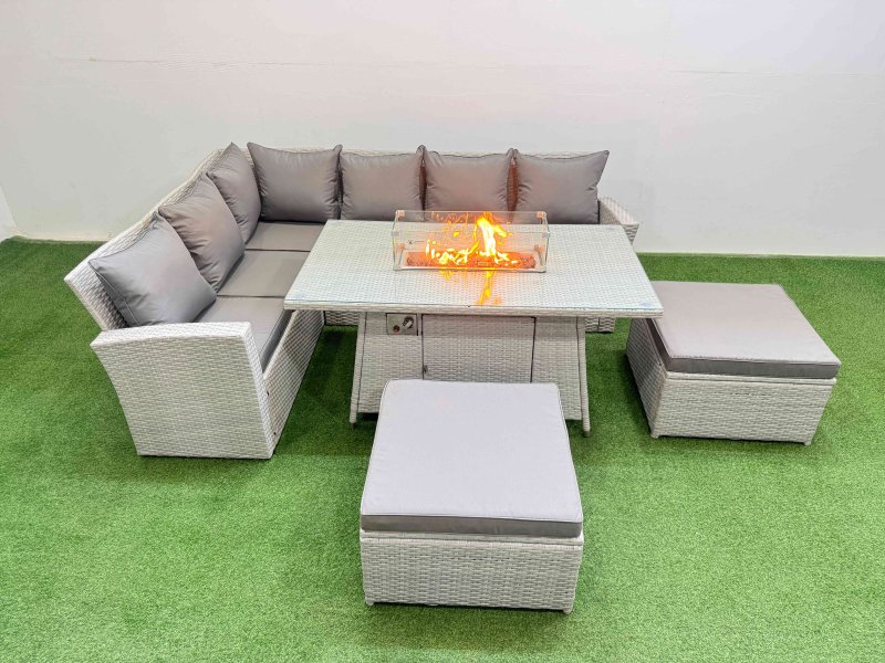 Fimous 8 Seat Rattan Garden Furniture Corner Sofa Set Outdoor Gas Fire Pit Table Sets with 2 Big Footstools Light Grey