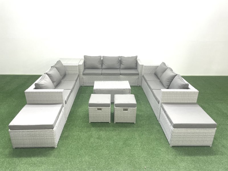 Fimous 9 Pieces Rattan Garden Furniture Set Outdoor Garden Sofa Coffee Table Set with Side Table 4 Footstools Light Grey Mixed