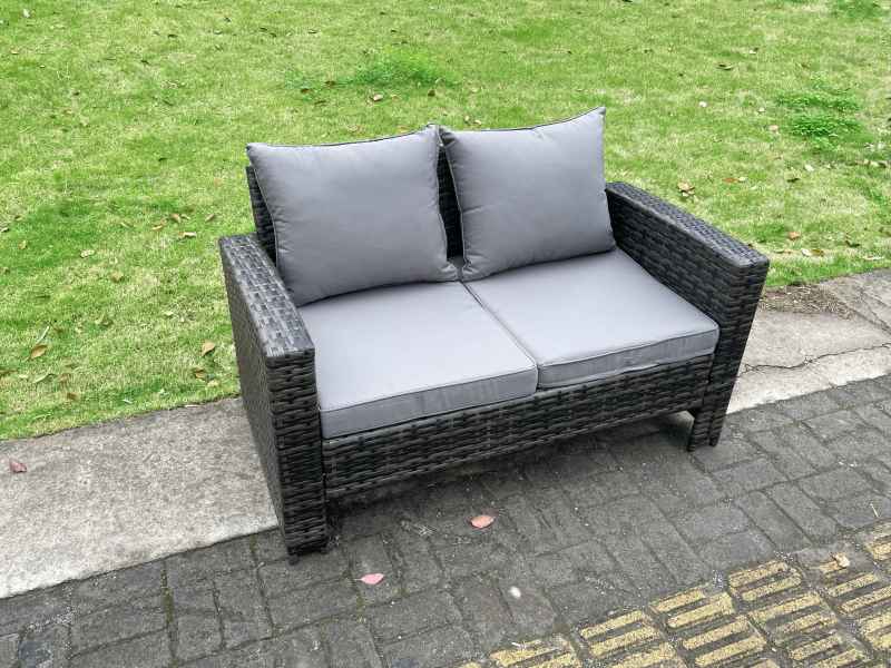 Fimous Rattan Garden Furniture Set 7 Seater Patio Outdoor Lounge Sofa Set with Rectangular Dining Table Love Seat Sofa Dark Grey Mixed