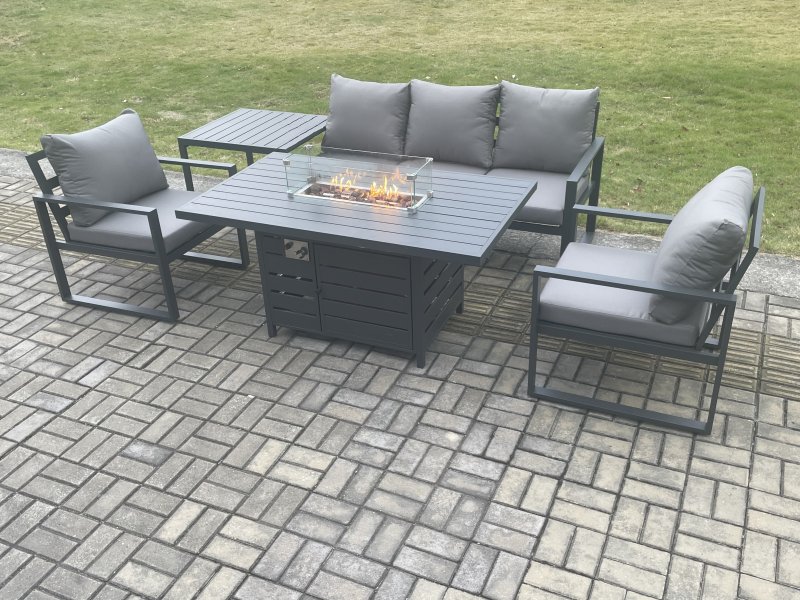 Fimous Aluminium Outdoor Garden Furniture Set Gas Fire Pit Dining Table Set Gas Heater Burner with 2 Arm Chair Side Table Dark Grey 5 Seater
