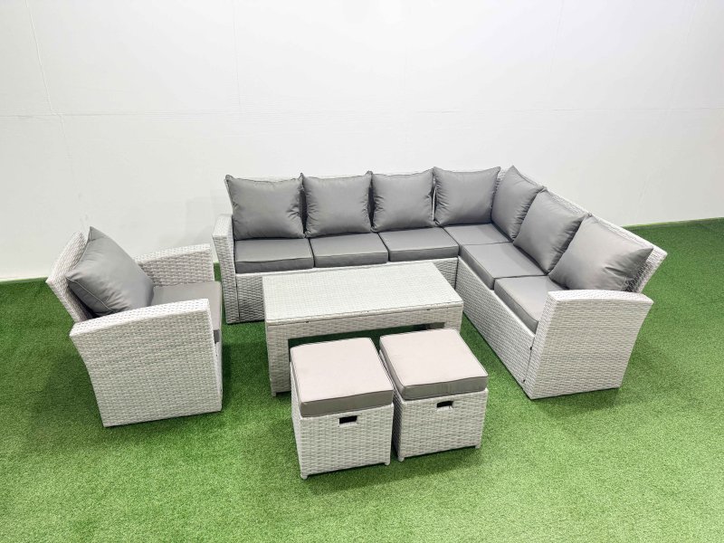 Fimous Rattan Garden Furniture Set 6 Pieces Outdoor Garden Sofa Oblong Coffee Table Set with Chair 2 Small Footstools Light Grey Mixed