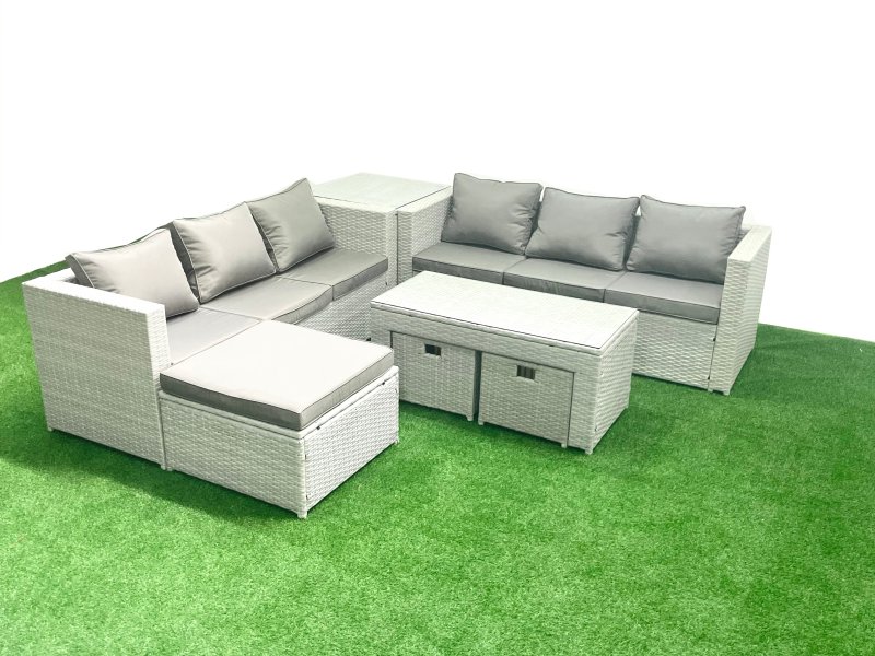 Fimous 9 Seater Garden Outdoor Rattan Furniture Set Rattan Garden Sofa Oblong Coffee Table with 3 Footstools Side Table Light Grey Mixed