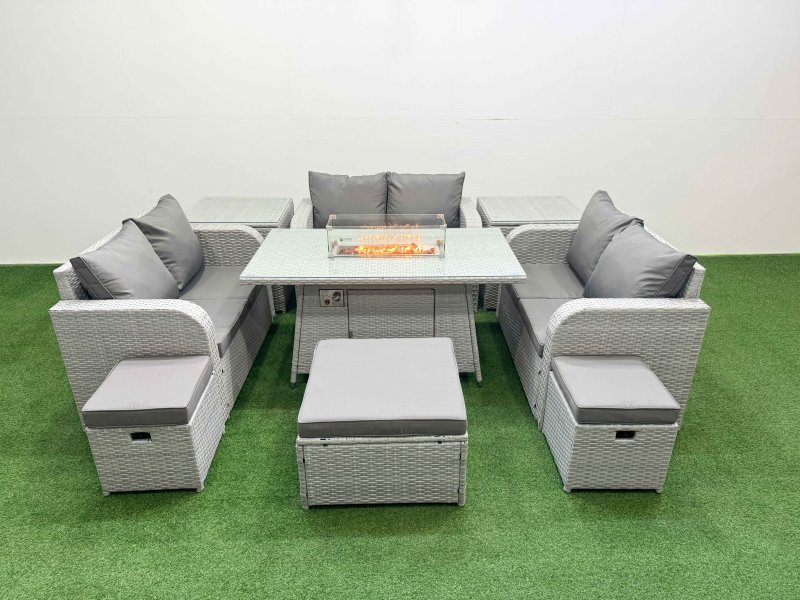 Fimous 9 Seater PE Wicker Rattan Furniture Sofa Sets with Firepit Dining Table 2 Seater Love Sofa 3 Stool 2 Side Table Light Grey