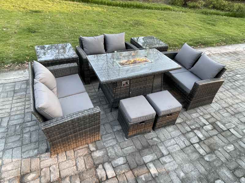 Fimous High Back Rattan Garden Furniture Sofa Sets with Outdoor Furniture Gas Firepit Dining Table Set 2 Small Footstool 2 Side Tables Dark Grey Mixed