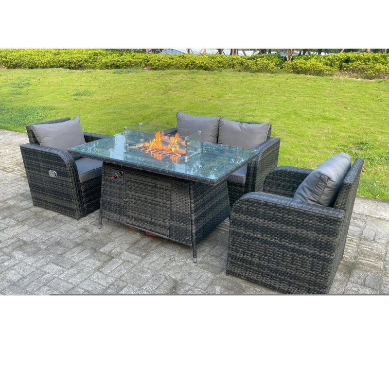 Fimous Dark Mixed Grey Rattan Outdoor Garden Furniture Gas Fire Pit Table Sets Gas Heater Love Sofa Reclining Adjustable Chairs 4 Seater