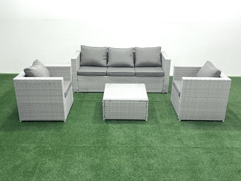 Fimous 5 Seater Rattan Garden Furniture Set with 3 Seater Sofa 2 Chair Square Coffee Table Light Grey Mixed
