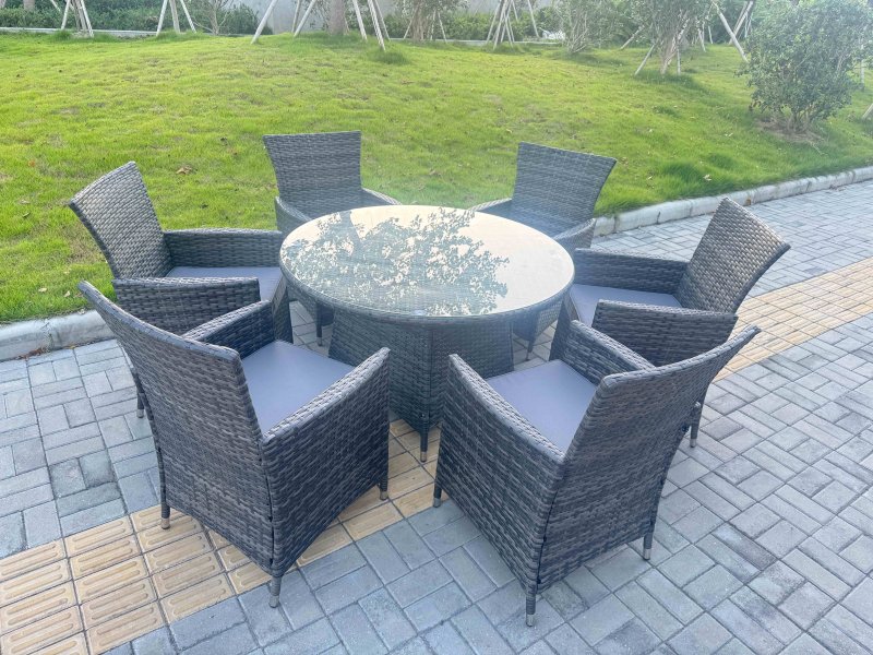 Fimous 7-Piece PE Rattan Garden Furniture 6 Seater Garden Big Round Table and Chairs for Patio Dark Grey Mixed