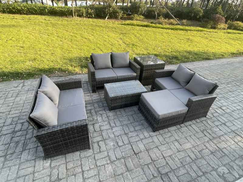 Fimous Dark Grey 7 Seater Outdoor Rattan Garden Furniture Set Patio Love Sofa Rectangular Coffee Table Set with Big Footstool Side Table