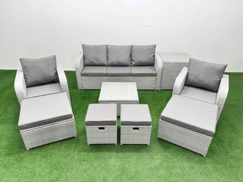 Fimous Outdoor Garden Furniture Set PE Rattan Lounge Sofa Set with Coffee Table 3 Seater Sofa 4 Footstools Side Table Light Grey