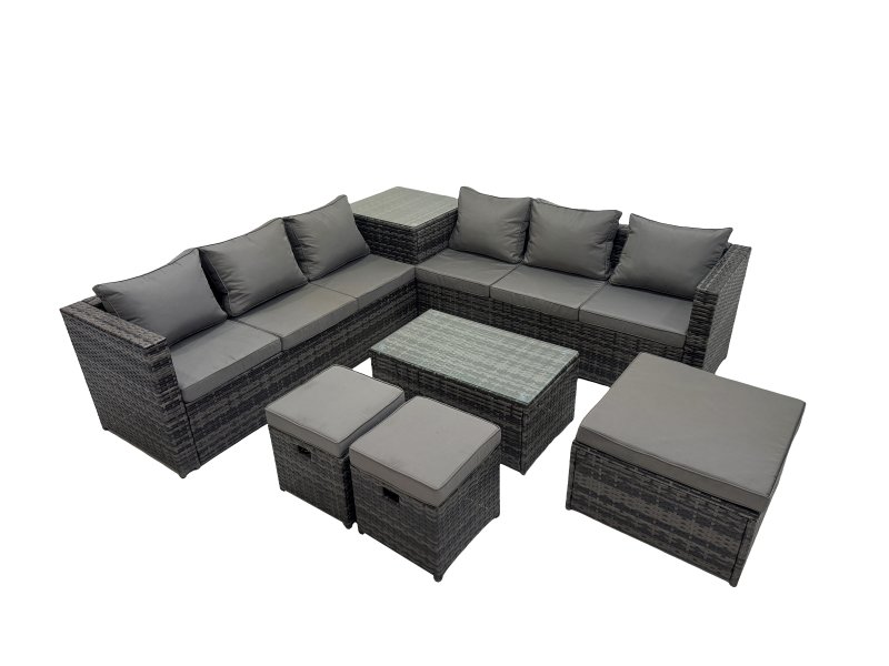 Fimous 9 Seater Garden Outdoor Rattan Furniture Set Patio Corner Sofa Rectangular Coffee Table with Side Table 3 Stool Dark Grey
