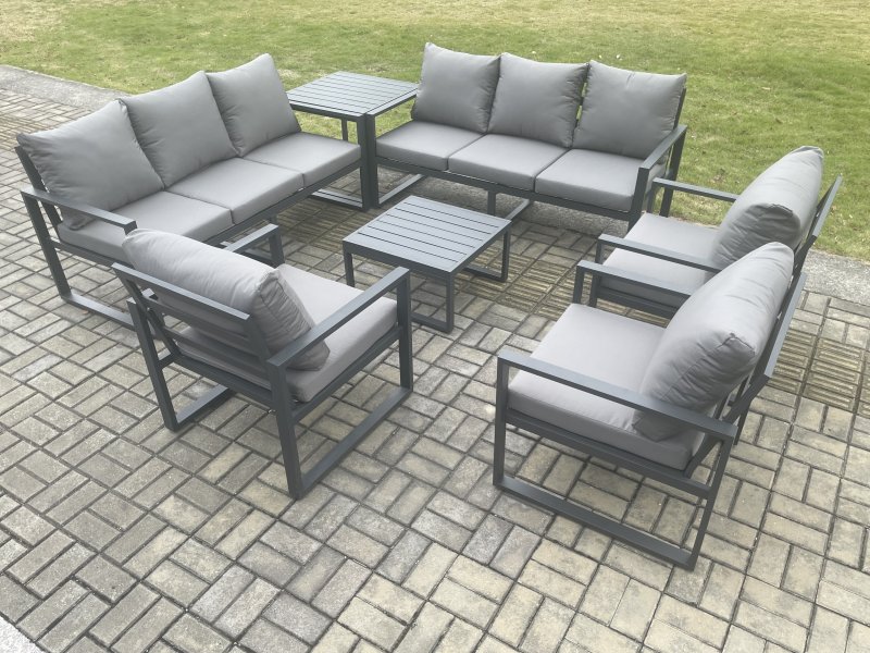 Fimous Aluminium Outdoor Garden Furniture Set Patio Lounge Sofa with Square Coffee Table 3 Armchairs Side Table Dark Grey