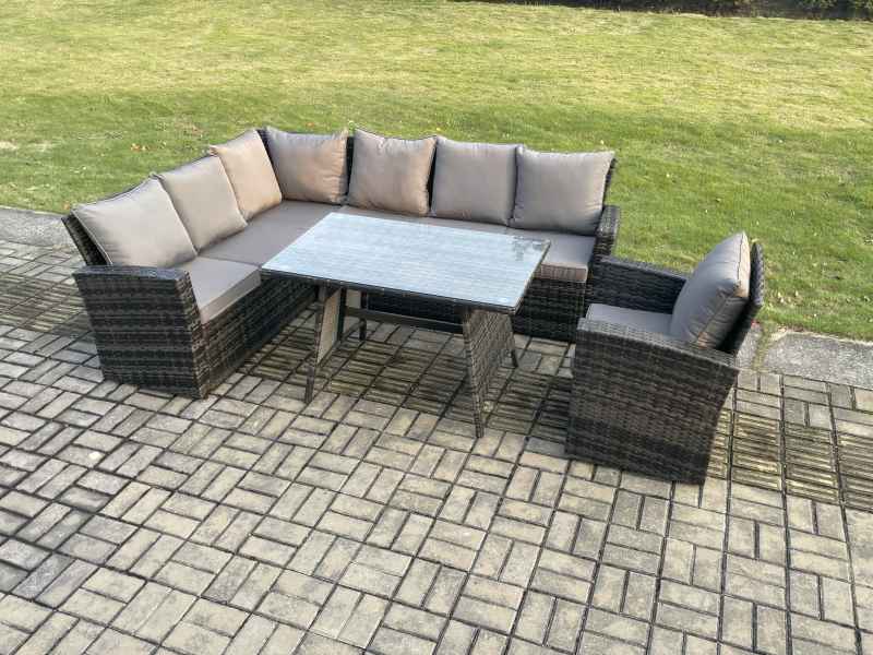 Fimous High Back Outdoor Garden Furniture Set Rattan Corner Sofa Dining Table Set With Armchair 7 Seater Dark Grey Mixed