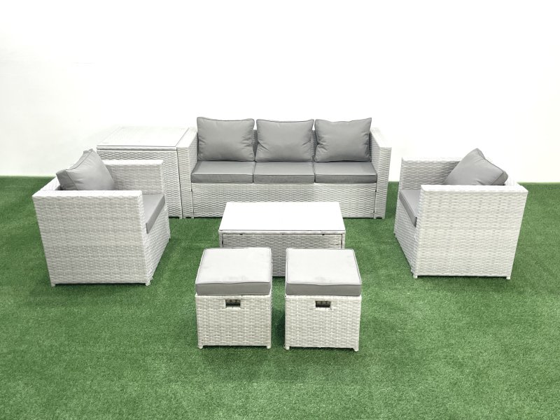 Fimous 7 Seater Rattan Garden Furniture Set with 3 Seater Sofa 2 Chair Rectangular Coffee Table 2 Small Footstools Side Table Light Grey Mixed