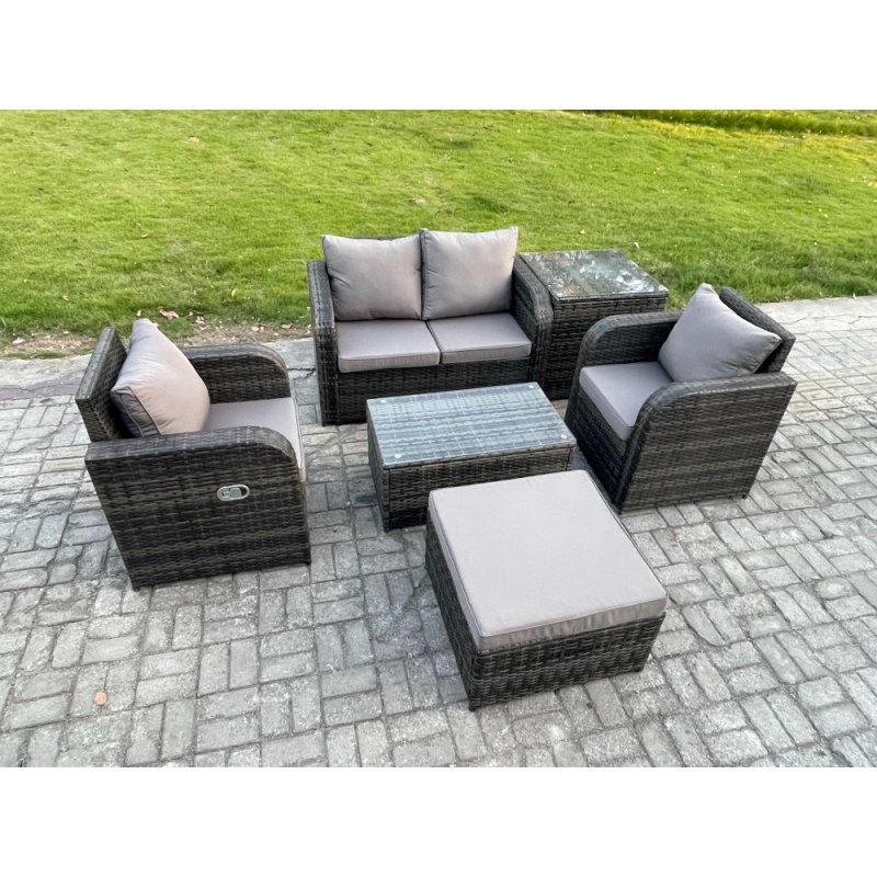 Fimous 6 PC Outdoor PE Rattan Garden Furniture Set Wicker Love Sofa Coffee Table 2 Armchair Big Footstool Side Table Dark Grey Mixed