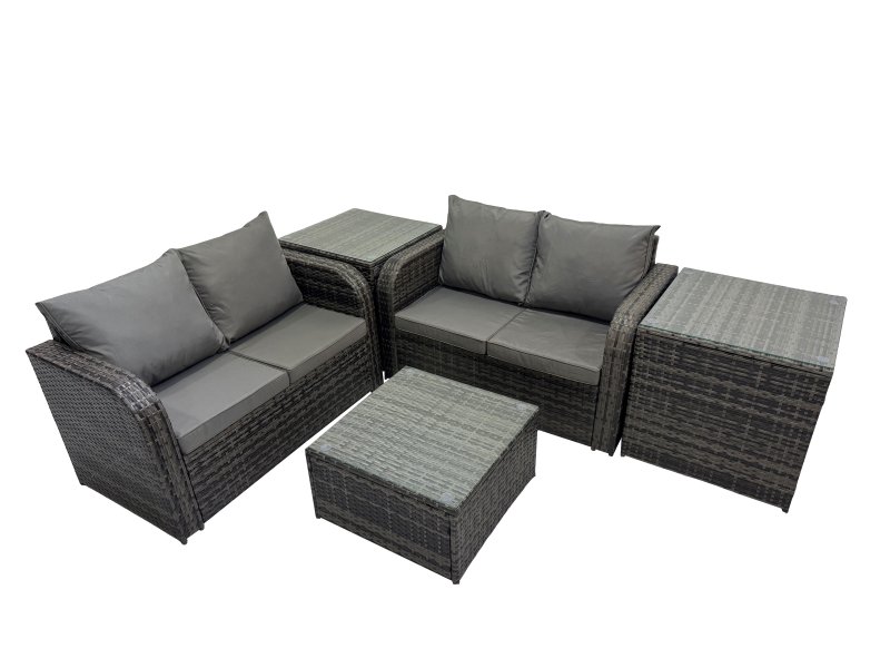 Fimous Rattan Garden Outdoor Furniture Set Love Sofa Square Coffee Table Set with 2 Side Tables Dark Grey Mixed