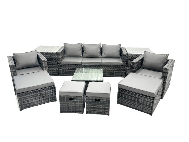 Fimous Outdoor Rattan Garden Furniture Set 9 Seater Patio Lounge Sofa Set with Armchair Square Coffee Table 2 Side Tables 4 Footstool Dark Grey Mixed