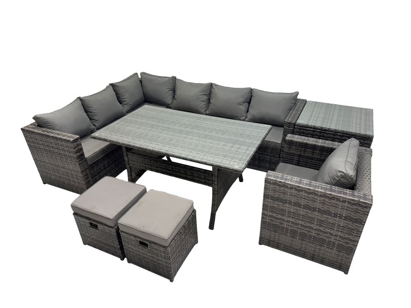 Fimous Outdoor PE Rattan Sofa Set with Dining Table Patio Garden Furniture Sets with Chair 2 Small Stool Side Table Dark Grey Mixed