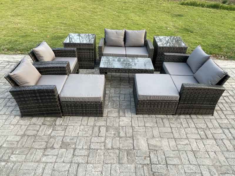 Fimous 8 Seater Outdoor Rattan Patio Furniture Set Garden Lounge Sofa Set with Armchairs 2 Side Tables 2 Big Footstool Coffee Table Dark Grey Mixed
