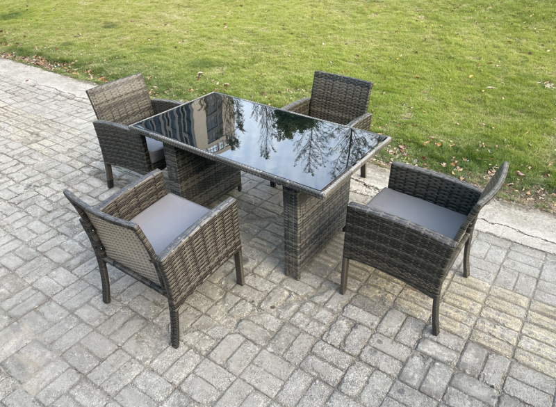 Fimous Wicker PE Outdoor Rattan Garden Furniture Arm Chair And Table Dining Sets 4 Seater Rectangular Table Dark Grey Mixed