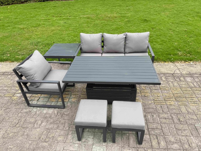 Fimous Aluminum Outdoor Dining Set Patio Dining Furniture Set Includes Adjustable Rising Lifting Dining Table Chairs with 2 Small Footstools