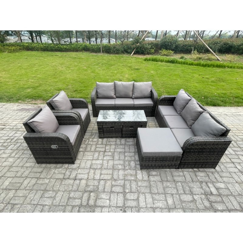 Fimous 11 Seater Wicker PE Rattan Sofa Set Outdoor Patio Garden Furniture with 2 Reclining Chairs Coffee Table 3 Footstools Dark Grey Mixed