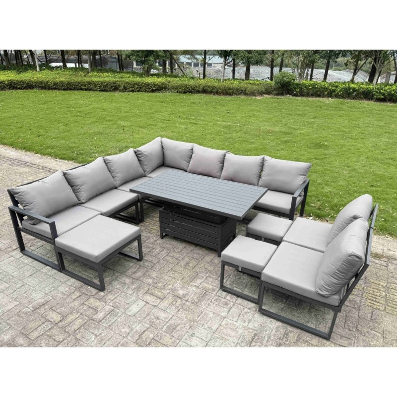 Fimous 10 Pieces Aluminium Garden Furniture Set with Cushions, Patio Furniture Set with Adjustable Rising Lifting Dining Table 2 Big Footstools Dark Grey