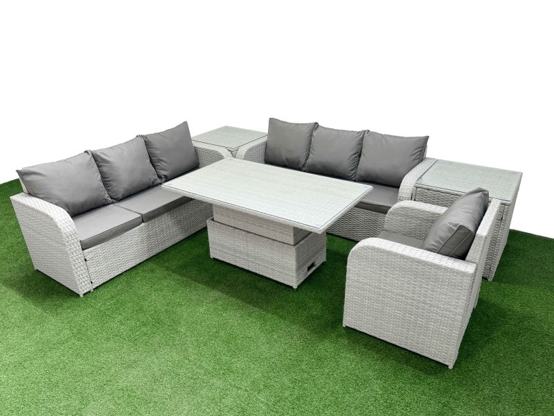 Fimous 7 Seater Poly Rattan Outdoor Garden Furniture Adjustable Lifting Dining or Coffee Table Sofa Set Patio 3 Seater Sofa Reclining Chair 3 Seater Sofa 2 Side Table Light Grey
