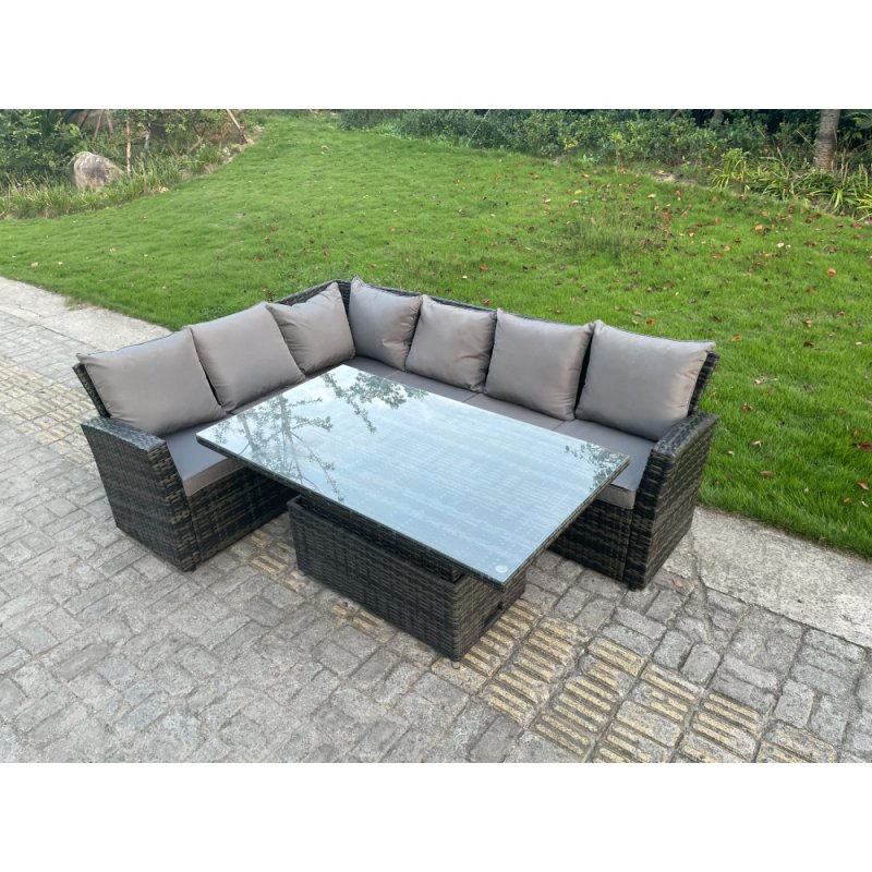 Fimous Outdoor Rattan Corner Sofa Garden Furniture High Back Sofa Set Adjustable Rising Lifting Table Set 6 Seater