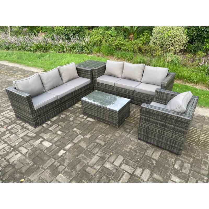 Fimous Wicker PE Rattan Sofa Set Outdoor Patio Garden Furniture with Armchair Side Table Oblong Coffee Table Dark Grey Mixed
