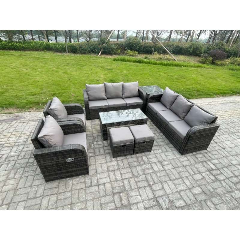 Fimous 10 Seater Wicker PE Rattan Sofa Set Outdoor Patio Garden Furniture with 2 Reclining Chairs Coffee Table Side Table 2 Small Footstools Dark Grey Mixed
