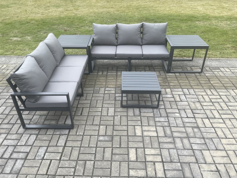 Fimous Aluminium 5 Pieces Garden Furniture Sofa Set with Cushions 6 Seater Outdoor Patio Set with Square Coffee Table 2 Side Tables Dark Grey