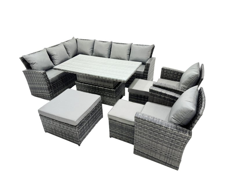 Fimous Poly Rattan Outdoor Patio Height Adjustable Rising Lifting Table Corner Sofa Set with 3 Stool,2 Chairs for Garden Backyard Dark Grey Mixed