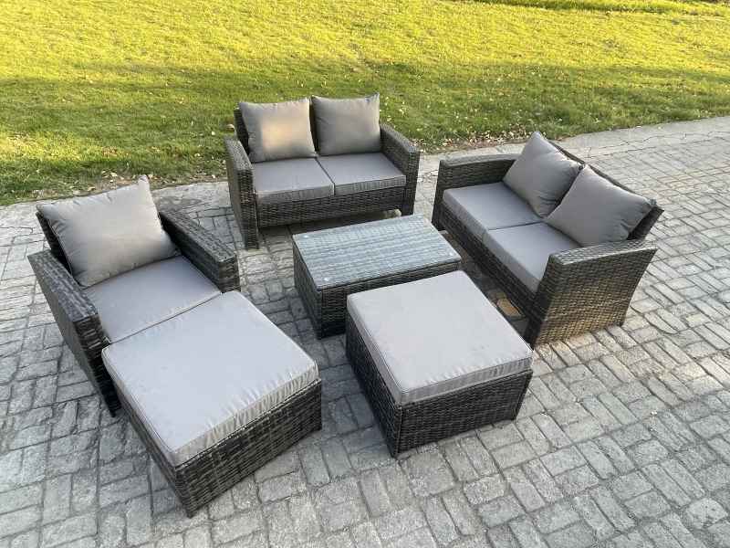 Fimous Outdoor Rattan Garden Furniture Set 7 Seater Patio Lounge Sofa Set with Coffee Table 2 Big Footstool Dark Grey Mixed