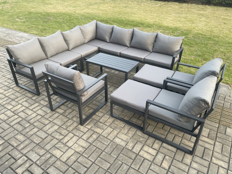 Fimous Aluminium Outdoor Garden Furniture Set Lounge Corner Sofa 3 Pcs Chair Oblong Coffee Table Sets with 2 Big Footstools Dark Grey