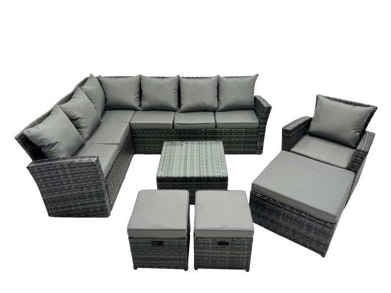 Fimous Poly Rattan Outdoor Patio Coffee Table Corner Sofa Set with 3 Stool Chair for Garden Backyard Dark Grey Mixed