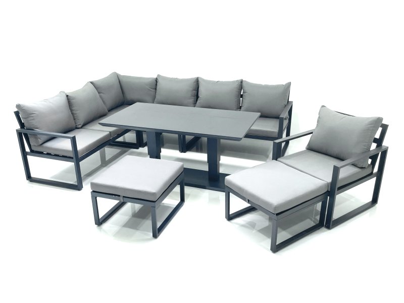 Fimous Aluminum Outdoor Garden Furniture Set Corner Sofa Chair 2 Big Footstools Adjustable Rising Lifting Dining Table Sets Dark Grey