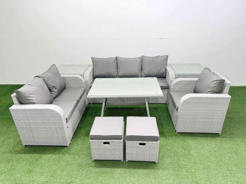 Fimous Rattan High Back Lounge Sofa Set Patio Dining Table & Chairs Set with 3 Seater Sofa Reclining Chair 2 Side Tables 2 Small Stool Light Grey