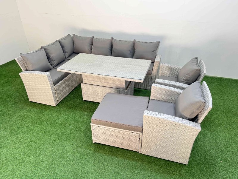 Fimous 9 Seat Rattan Outdoor Garden Furniture Corner Sofa Set Adjustable Lifting Dining or Coffee Table Set with Big Footstool Light Grey