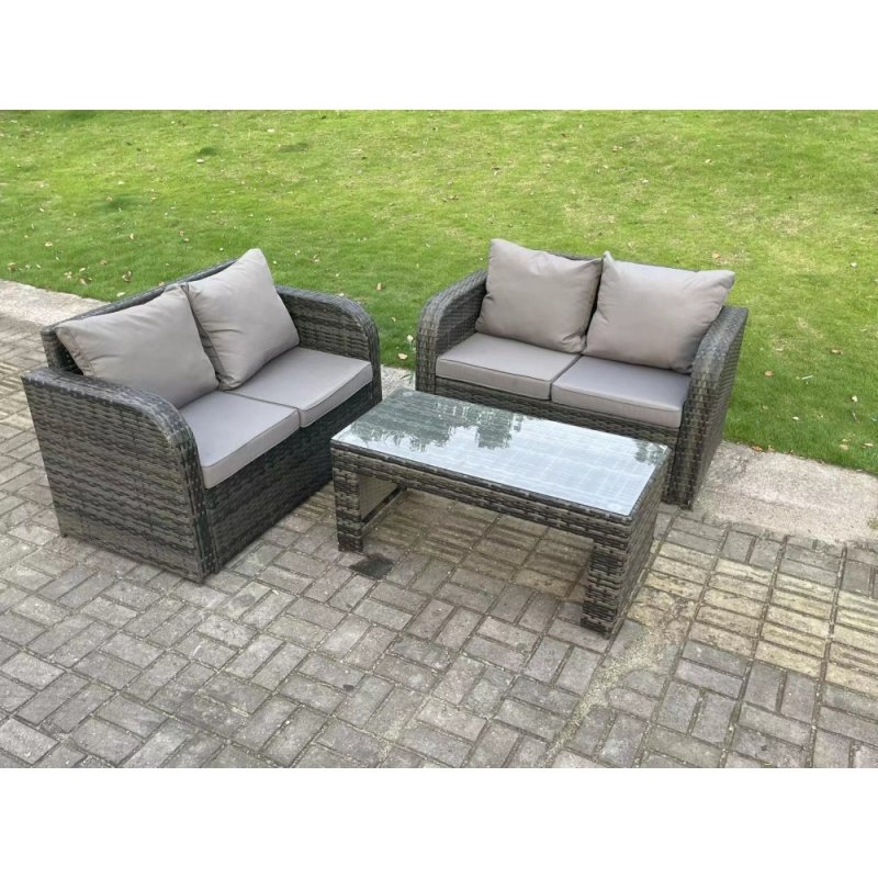 Fimous Dark Grey PE Wicker Rattan Garden Furniture Set Love Sofa 2 Seater Sofa Set Outdoor Rectangular Coffee Table 4 Seater